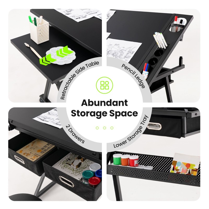 Korkeussäädettävä piirustuspöytä tuolilla ja säilytystilalla musta