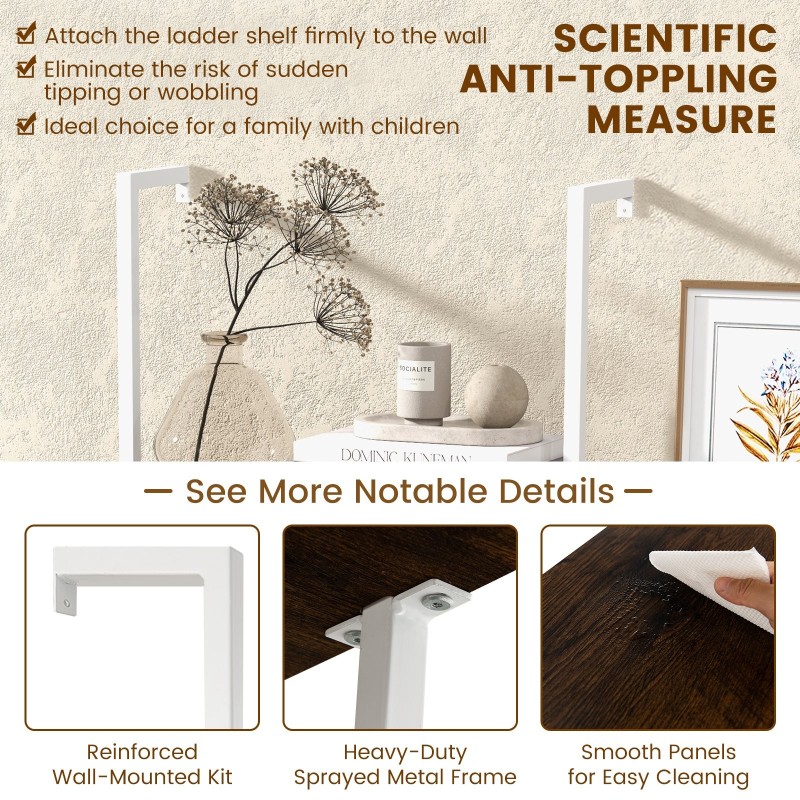 5-tasoinen ruskea tikashylly teräsrungolla kodin säilytykseen