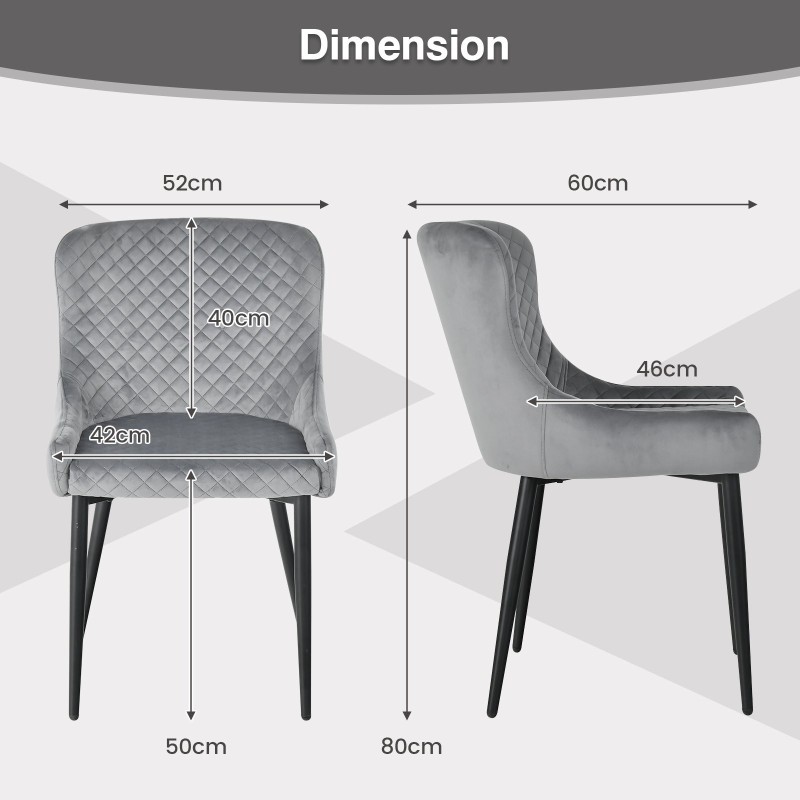 Kaksi harmaata samettituolia säädettävillä jaloilla ruokailutilaan