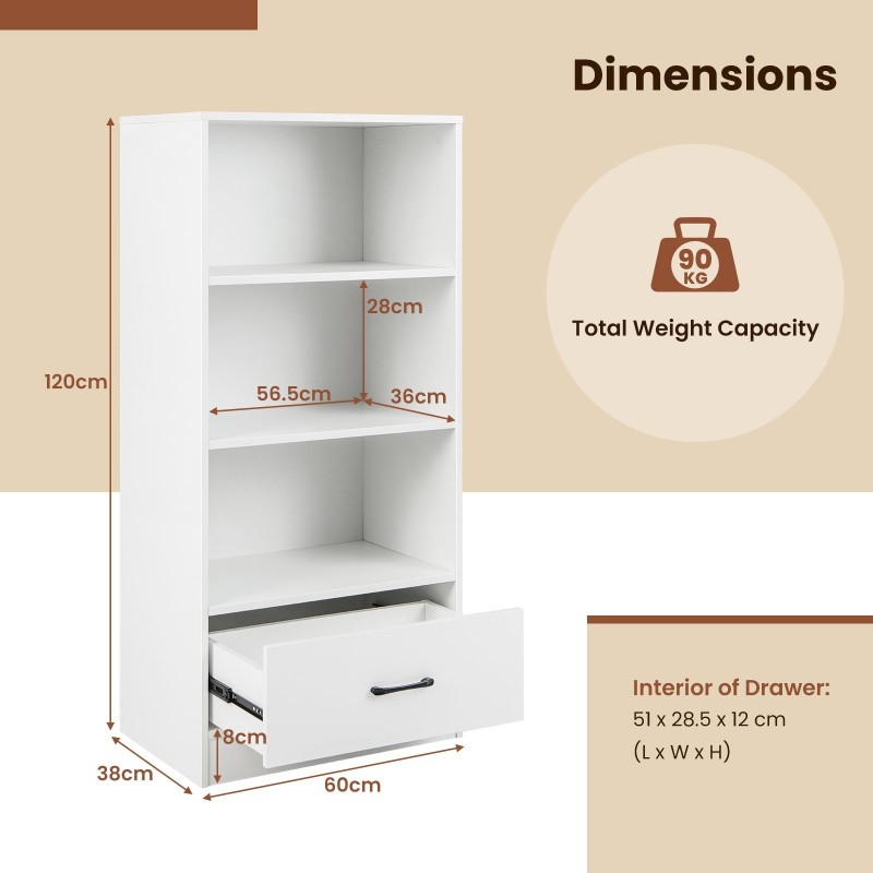 Valkoinen puinen kirjahylly laatikolla ja 3 avointa hyllyä