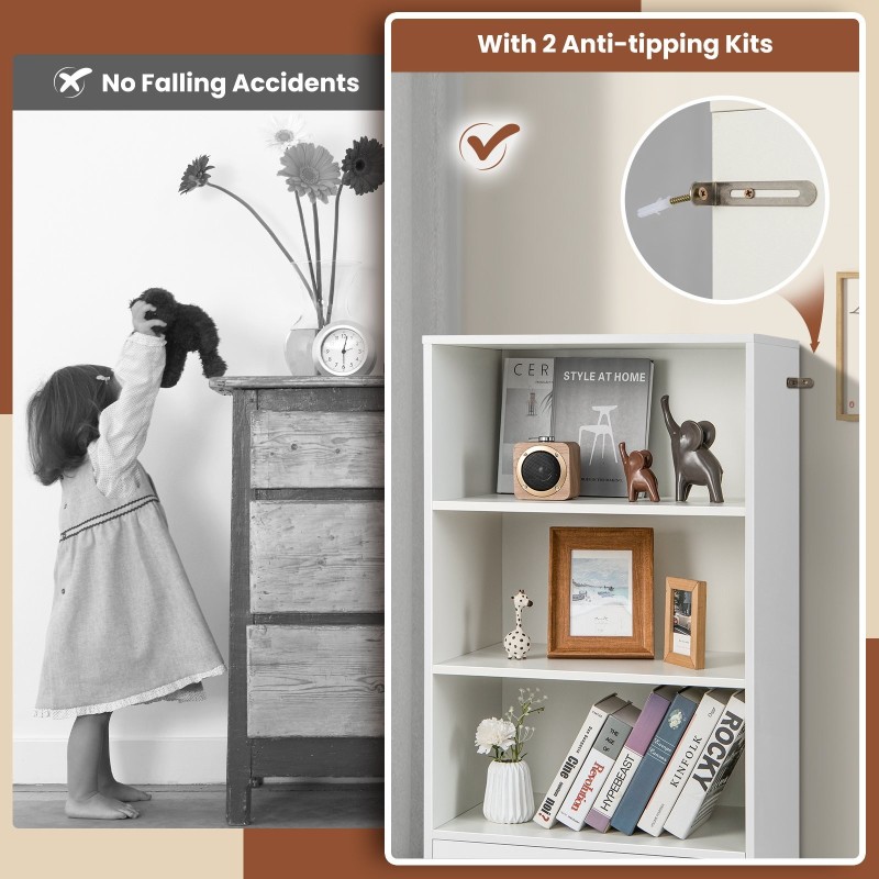 Valkoinen puinen kirjahylly laatikolla ja 3 avointa hyllyä