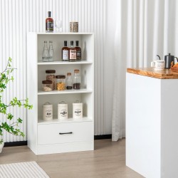 Valkoinen puinen kirjahylly laatikolla ja 3 avointa hyllyä