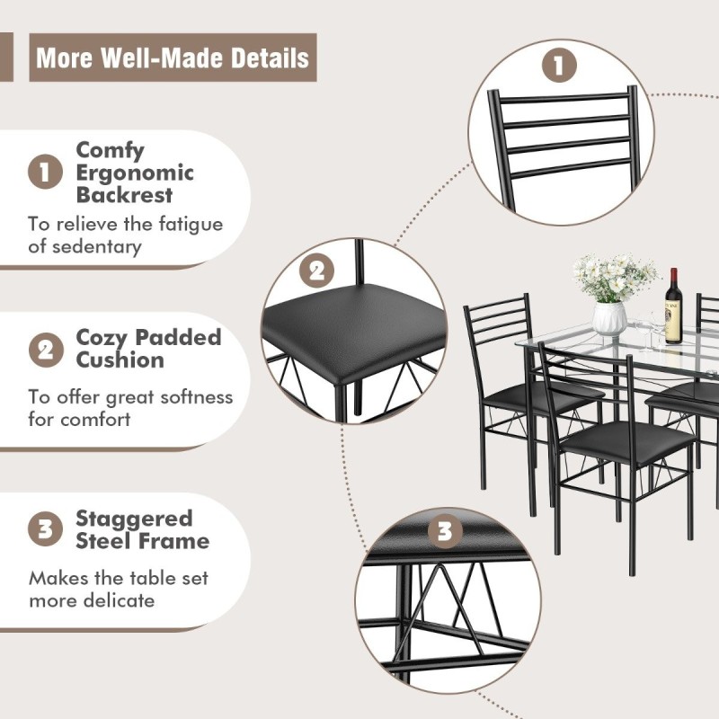 5-osainen musta ruokailuryhmä lasipöydällä ja pehmustetuilla tuoleilla