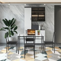 5-osainen musta ruokailuryhmä lasipöydällä ja pehmustetuilla tuoleilla