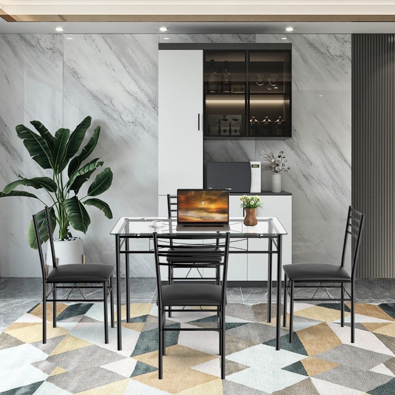 5-osainen musta ruokailuryhmä lasipöydällä ja pehmustetuilla tuoleilla