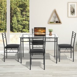 5-osainen musta ruokailuryhmä lasipöydällä ja pehmustetuilla tuoleilla