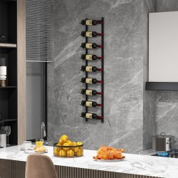 Seinään kiinnitettävä musta metallinen viinipulloteline 9 pullolle