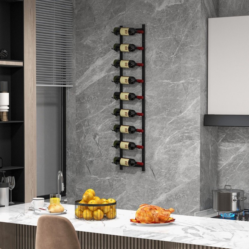 Seinään kiinnitettävä musta metallinen viinipulloteline 9 pullolle