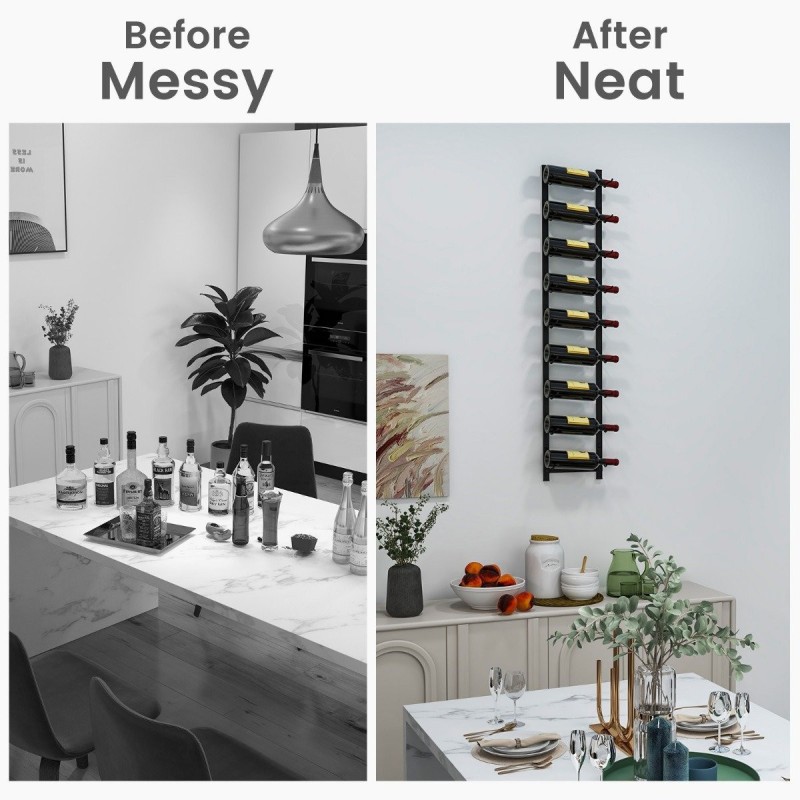 Seinään kiinnitettävä musta metallinen viinipulloteline 9 pullolle