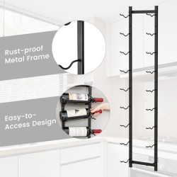 Seinään kiinnitettävä musta metallinen viinipulloteline 9 pullolle