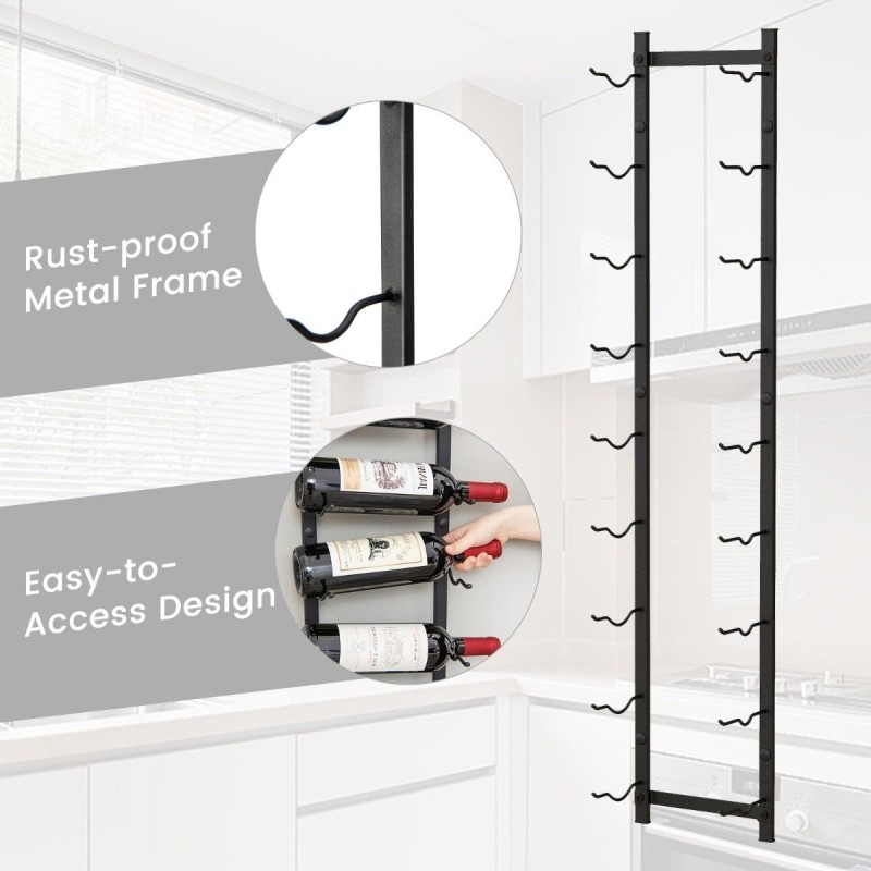 Seinään kiinnitettävä musta metallinen viinipulloteline 9 pullolle