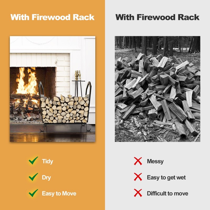 Kompakti musta metallinen polttopuuteline koristeellisilla kuvioilla