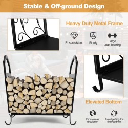 Kompakti musta metallinen polttopuuteline koristeellisilla kuvioilla