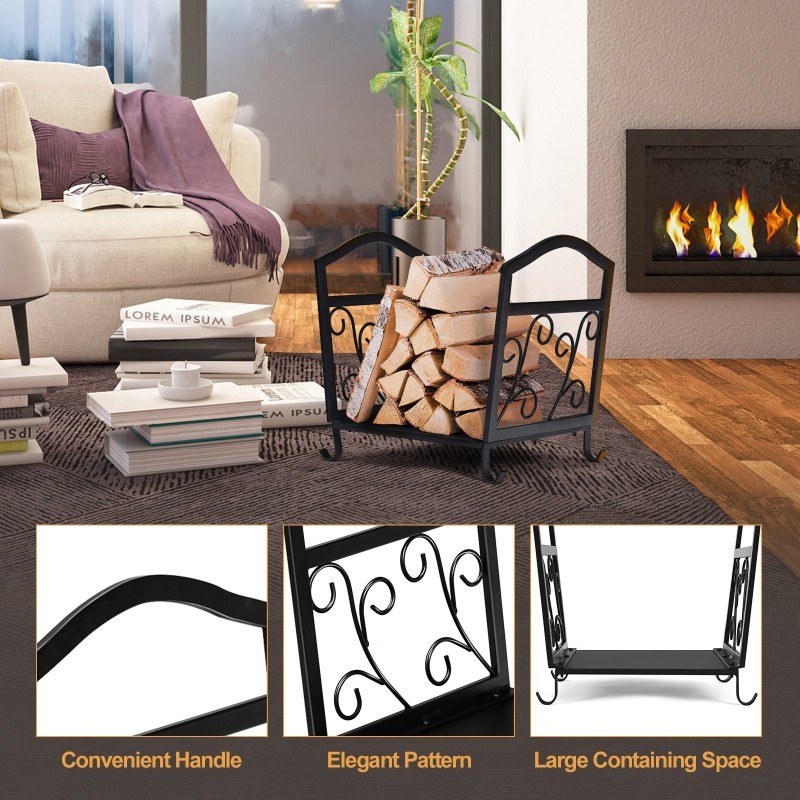 Kompakti musta metallinen polttopuuteline koristeellisilla kuvioilla