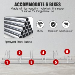 Hopeanvärinen teräksinen pyöräteline 6 pyörälle ulko- ja sisäkäyttöön