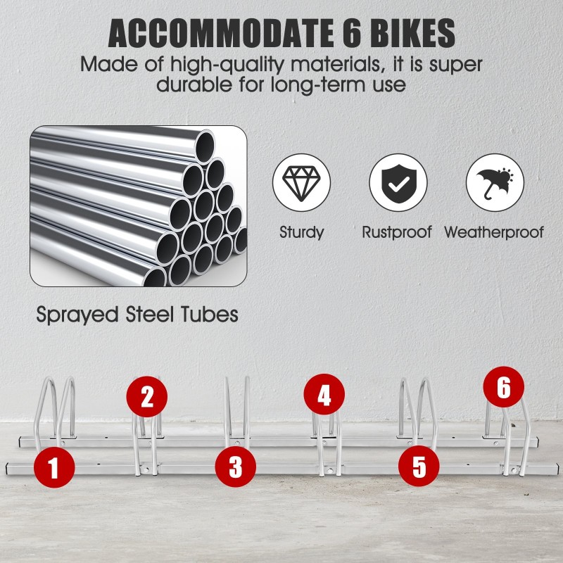 Hopeanvärinen teräksinen pyöräteline 6 pyörälle ulko- ja sisäkäyttöön