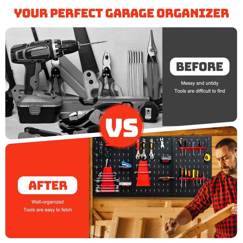 Seinään kiinnitettävä metallinen työkalutaulu musta-punainen