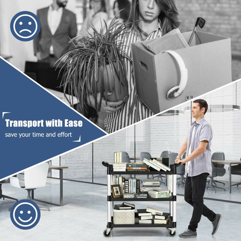 Monikäyttöinen 3-tasoinen apukärry musta-hopea pyörillä