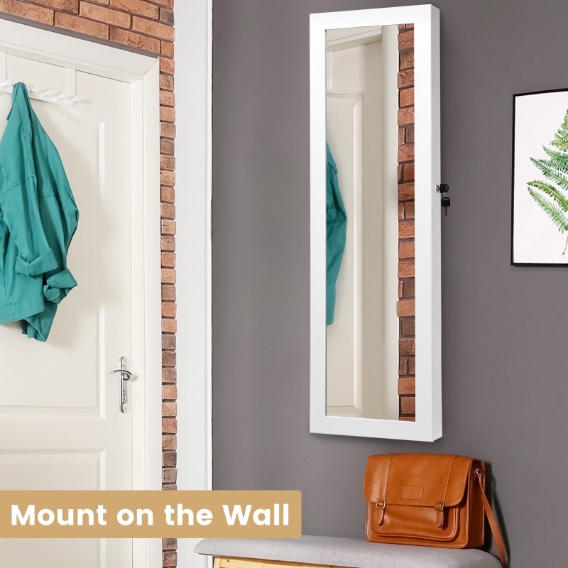 Valkoinen LED-korukaappi peilillä ja lukittavalla ovella