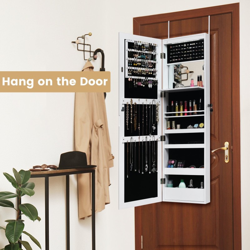 Valkoinen LED-korukaappi peilillä ja lukittavalla ovella