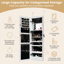 Valkoinen LED-korukaappi peilillä ja lukittavalla ovella
