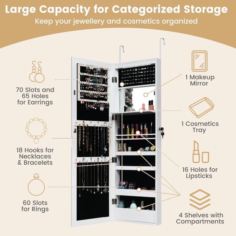 Valkoinen LED-korukaappi peilillä ja lukittavalla ovella