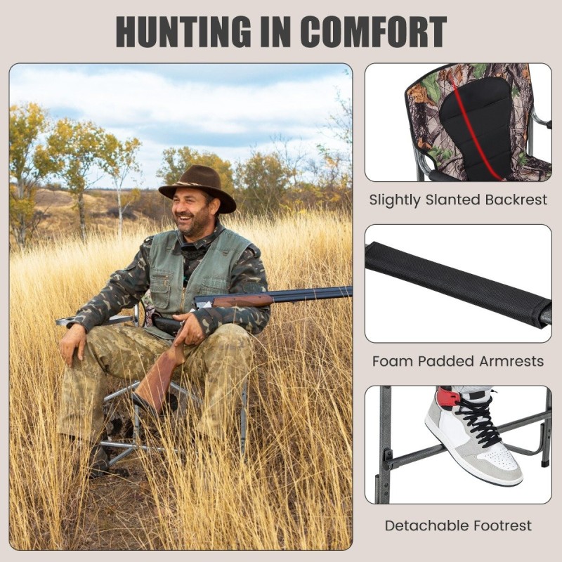 Taitettava metsästystuoli maastokuvioinnilla ja sivupöydällä