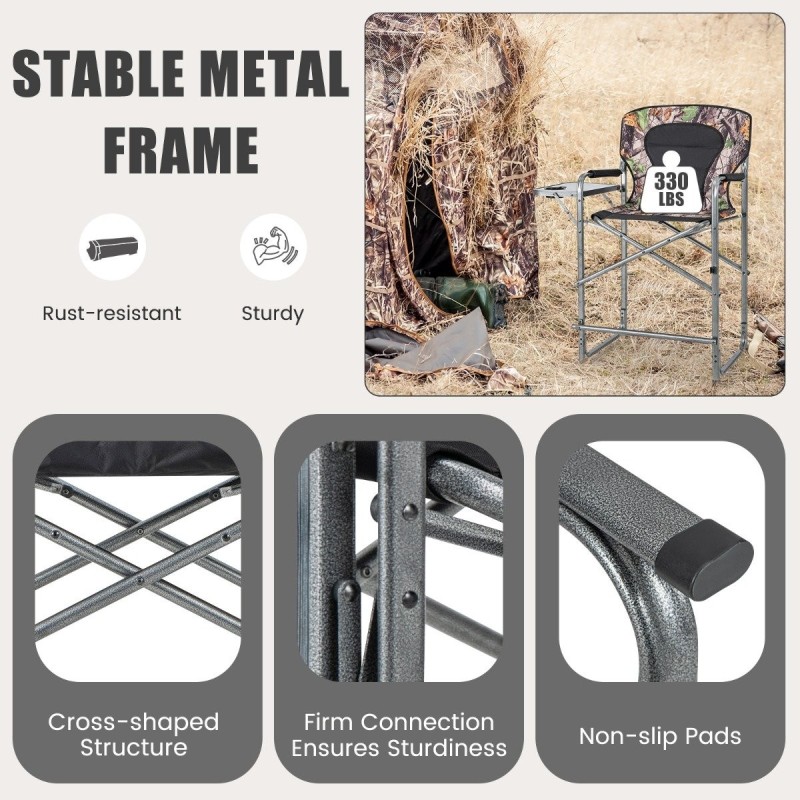 Taitettava metsästystuoli maastokuvioinnilla ja sivupöydällä