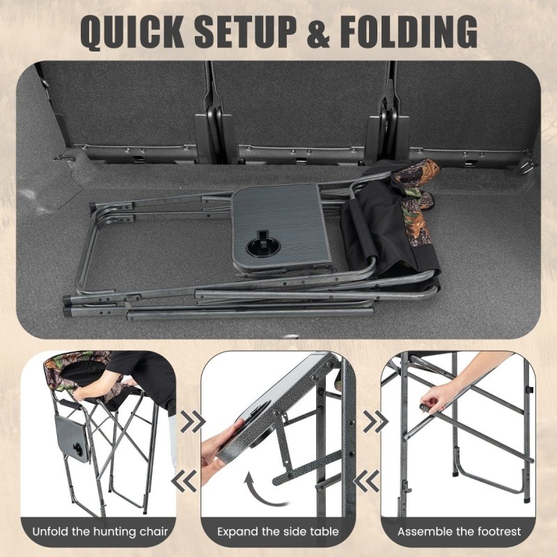 Taitettava metsästystuoli maastokuvioinnilla ja sivupöydällä