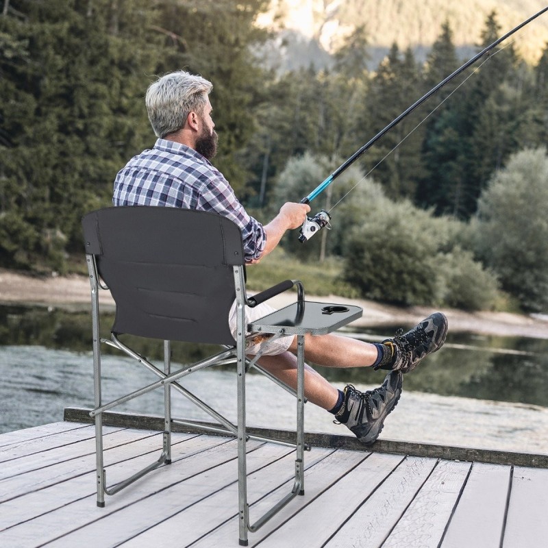 Taitettava metsästystuoli maastokuvioinnilla ja sivupöydällä