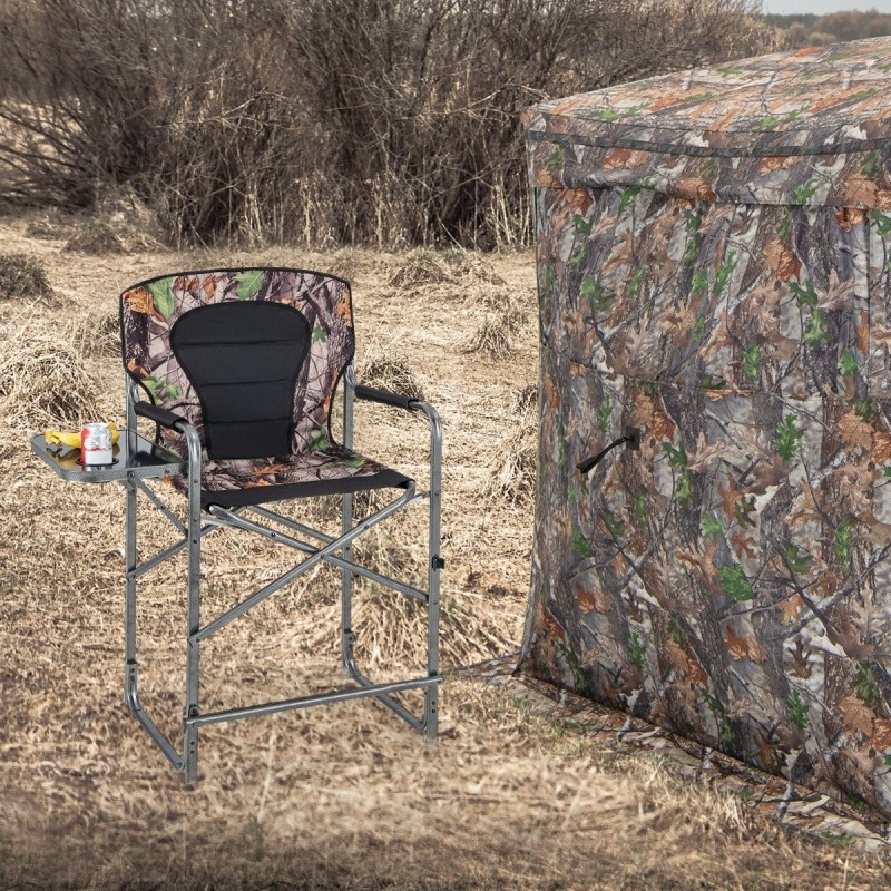 Taitettava metsästystuoli maastokuvioinnilla ja sivupöydällä