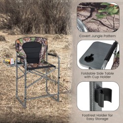 Taitettava metsästystuoli maastokuvioinnilla ja sivupöydällä