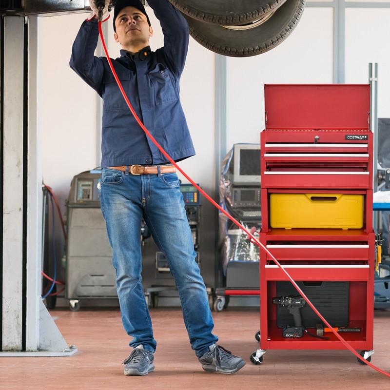 Lukittava työkalukaappi pyörillä ja vetolaatikoilla, punamusta