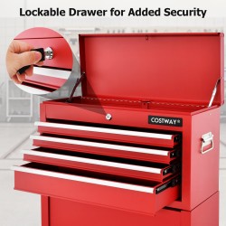 Lukittava työkalukaappi pyörillä ja vetolaatikoilla, punamusta