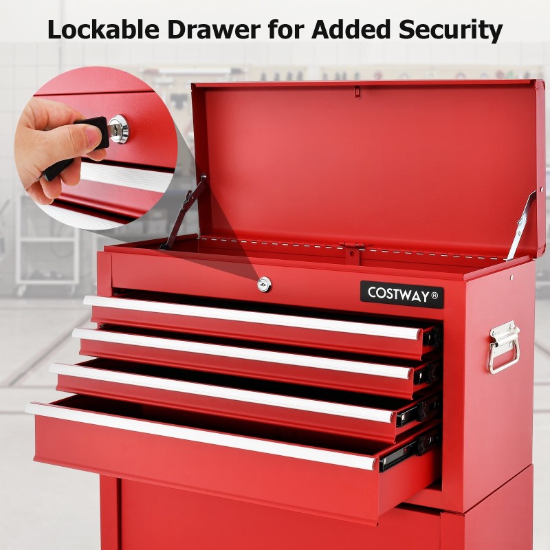 Lukittava työkalukaappi pyörillä ja vetolaatikoilla, punamusta