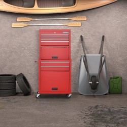 Lukittava työkalukaappi pyörillä ja vetolaatikoilla, punamusta