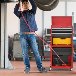 Lukittava punainen 2-in-1-työkalulaatikko, 6 laatikkoa, pyörillä