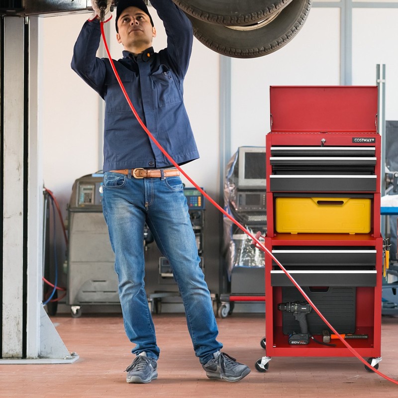 Lukittava punainen 2-in-1-työkalulaatikko, 6 laatikkoa, pyörillä