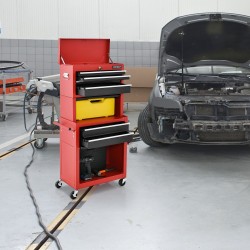 Lukittava punainen 2-in-1-työkalulaatikko, 6 laatikkoa, pyörillä