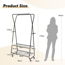 Musta vaateripustin pyörillä, kaksinkertainen tanko ja hyllyt