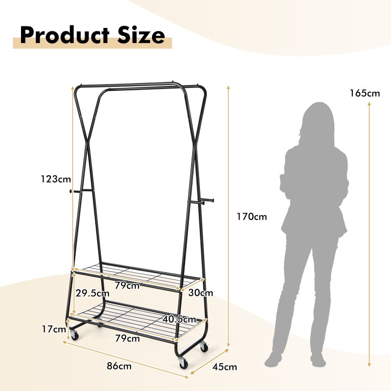 Musta vaateripustin pyörillä, kaksinkertainen tanko ja hyllyt