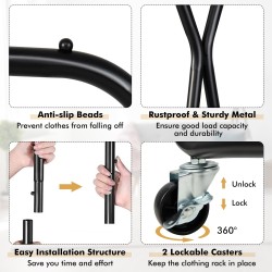 Musta vaateripustin pyörillä, kaksinkertainen tanko ja hyllyt