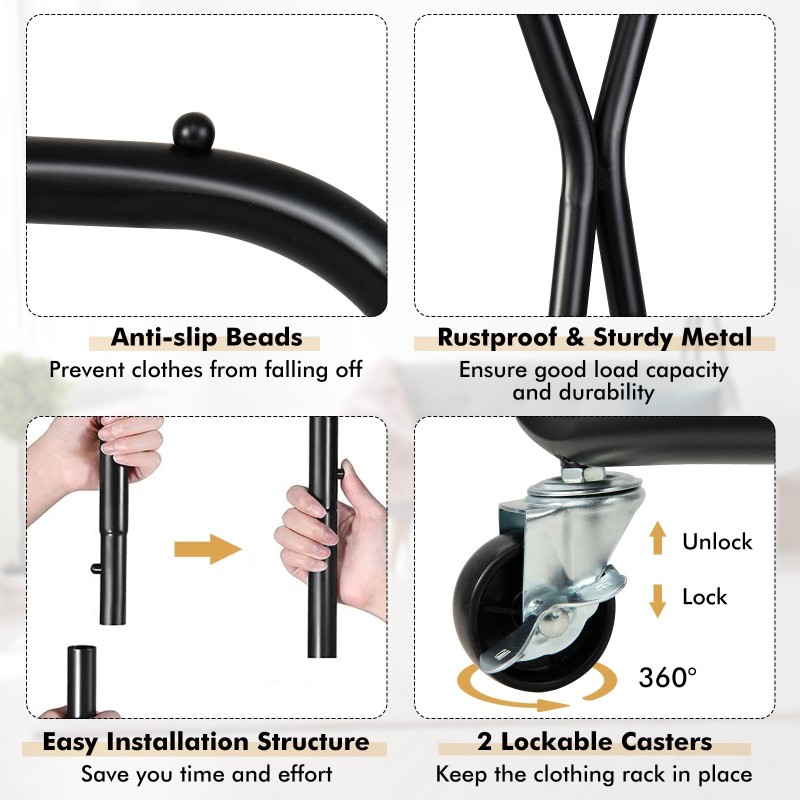 Musta vaateripustin pyörillä, kaksinkertainen tanko ja hyllyt