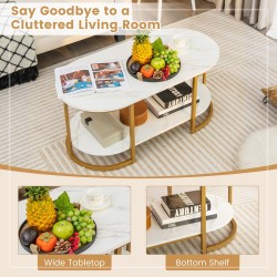 Marmorinen sohvapöytä avoimella säilytyshyllyllä, valkoinen-kultainen Marmorinen sohvapöytä avoimella säilytyshyllyllä, valkoinen-kultainen