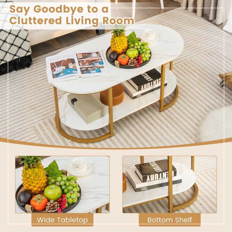 Marmorinen sohvapöytä avoimella säilytyshyllyllä, valkoinen-kultainen Marmorinen sohvapöytä avoimella säilytyshyllyllä, valkoinen-kultainen