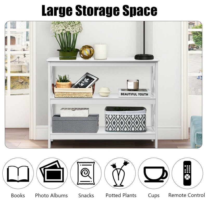 Valkoinen teollinen 3-tasoinen konsolipöytä säilytyshyllyllä