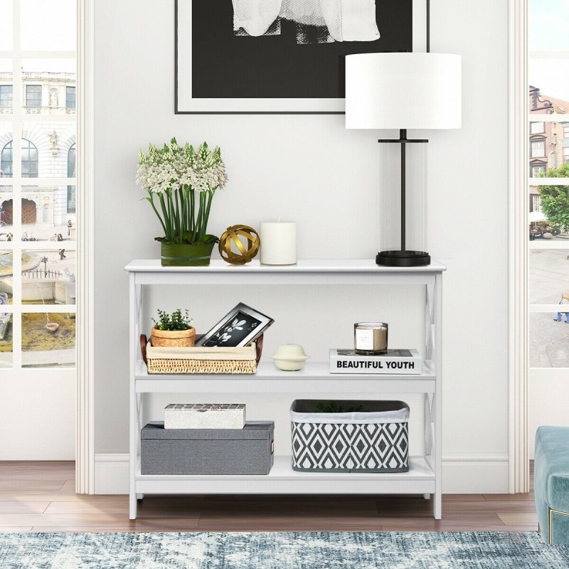 Valkoinen teollinen 3-tasoinen konsolipöytä säilytyshyllyllä