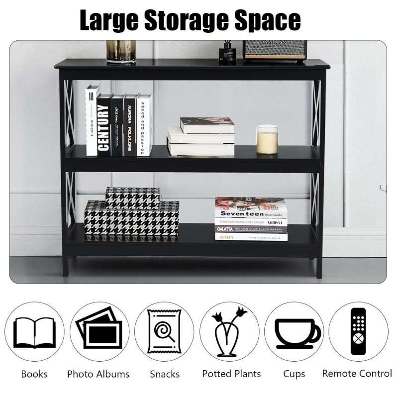 Teollinen musta 3-tasoinen konsolipöytä säilytyshyllyllä