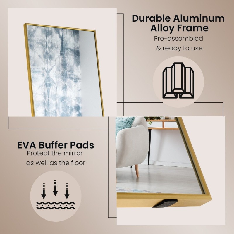 Kultainen kokovartalopeili sirpaloitumattomalla lasilla ja alumiinikehyksellä