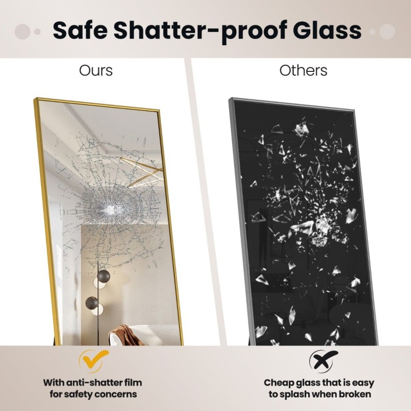 Kultainen kokovartalopeili sirpaloitumattomalla lasilla ja alumiinikehyksellä